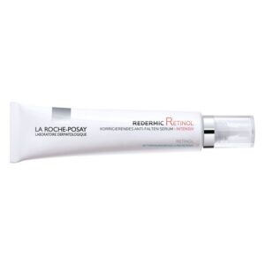 Weiße Tube mit Pumpkopf, La Roche-Posay Redermic Retinol, Anti-Falten Serum, mit wichtigen Inhaltsstoffen.