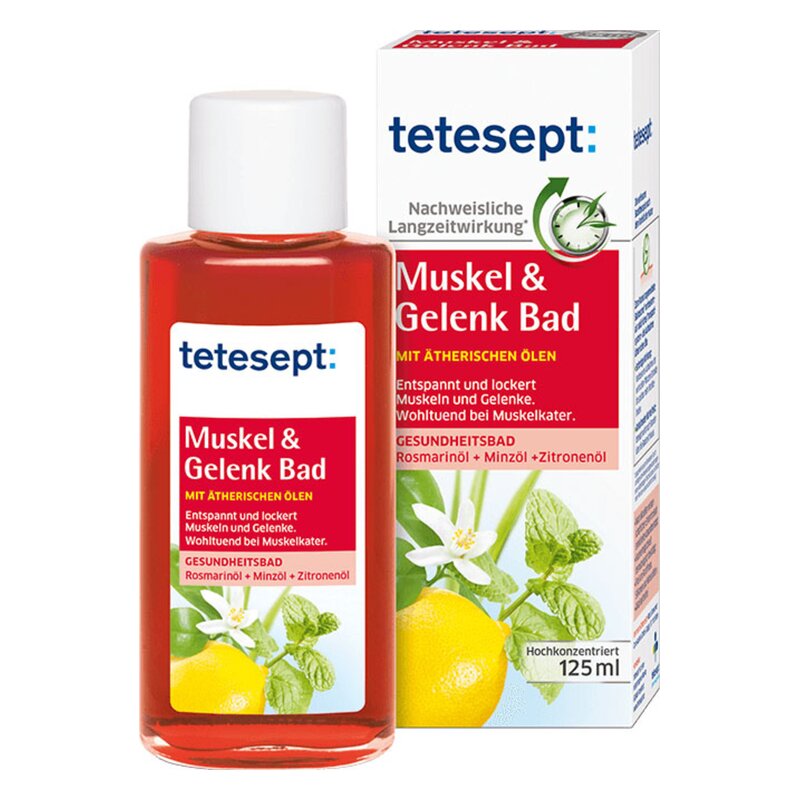Flasche mit roten Inhalt für Muskel- und Gelenkbad, verpackt in einer beschrifteten Schachtel mit Pflanzenmotiven.