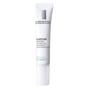 Augencreme in einer weißen Tube mit Spender, zur Bekämpfung von Tränensäcken, von La Roche-Posay.