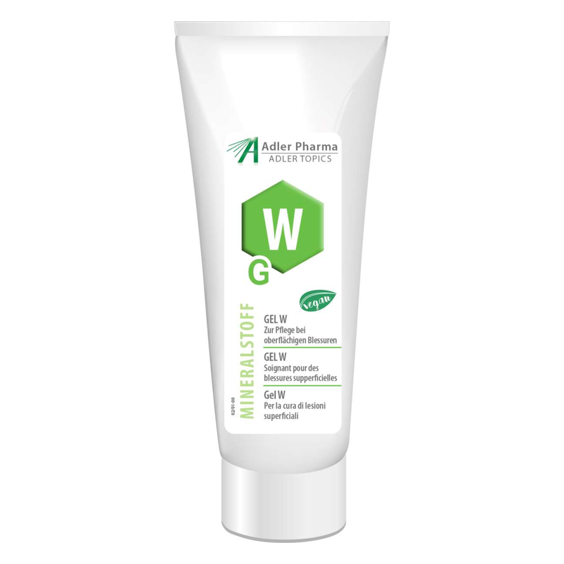 Tube mit Mineralstoffgel für die Pflege oberflächlicher Blessuren, vegan, verpackt im weißen Kunststoff mit grünem Etikett.