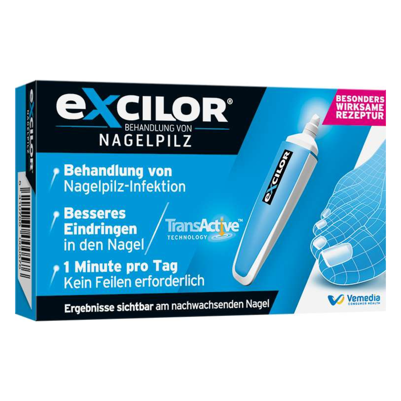 Verpackung von Excilor zur Behandlung von Nagelpilz, mit Applikator und Angaben zur Anwendung.