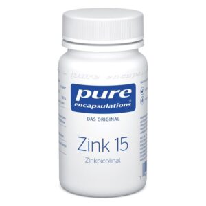 Weißer Kunststoffbehälter mit Schraubverschluss, beschriftet mit "Zink 15" und Angaben zu Zinkpicolinat.