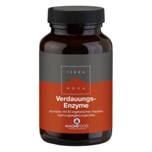 Braune Glasflasche mit schwarzem Deckel, beschriftet mit "Verdauungs-Enzyme" von Terra Nova.