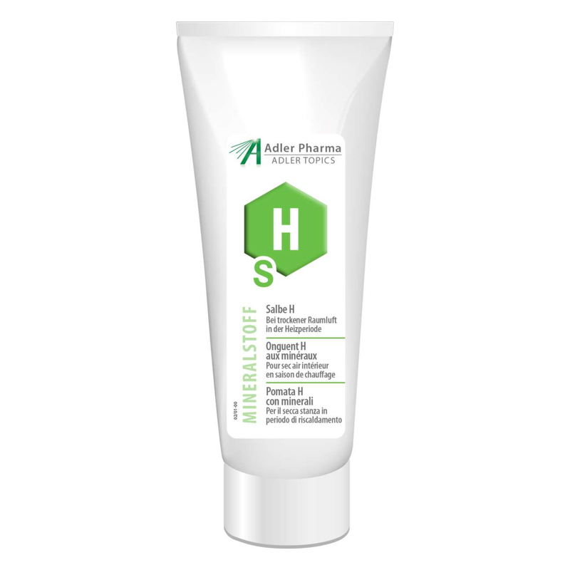 Tube mit Mineralstoffsalbe H zur Linderung bei trockener Raumluft, weiß mit grüner Beschriftung.