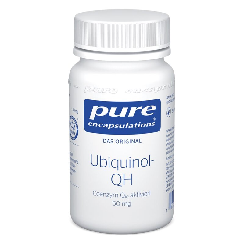 Weißer Flacon mit Schraubverschluss, beschriftet mit 'Ubiquinol-QH' und 'Coenzym Q10 aktiviert'.