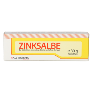 Verpackung einer Zinksalbe in einer 30 g Tube, mit gelber und roter Gestaltung, zur äußerlichen Anwendung.