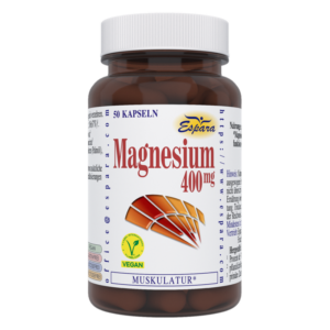 Braune Kunststoffflasche mit Kapseln, beschriftet mit "Magnesium 400 mg", 50 Kapseln, vegan, für die Muskeln.