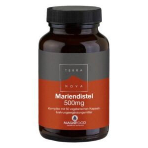 Braune Glasflasche mit schwarzem Deckel, enthält Mariendistel-Kapseln, 500 mg, 50 Stück, von Terra Nova.