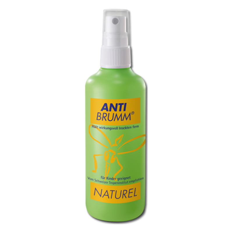 Grüne Sprühflasche mit Anti-Brumm Insektenschutzmittel, für Kinder geeignet, mit gelbem Aufdruck und Abbildung einer Libelle.