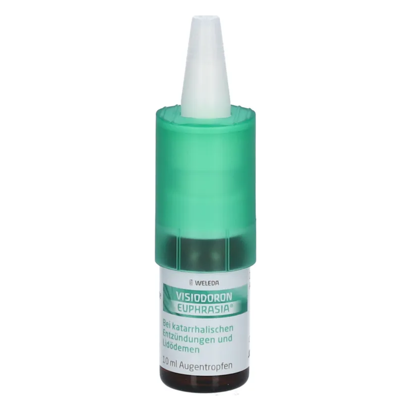 Augentropfen in einer transparenten Flasche mit grünem Verschluss für die Behandlung von Entzündungen.
