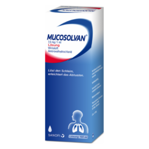 Packung von Mucosolvan, einer Lösung mit Ambroxolhydrochlorid zur Schleimlösung und Erleichterung des Abhostens.