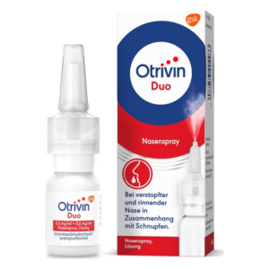 Otrivin Duo Nasenspray in einer weißen Flasche mit Applikator und einer Verpackung mit blauen und roten Elementen.