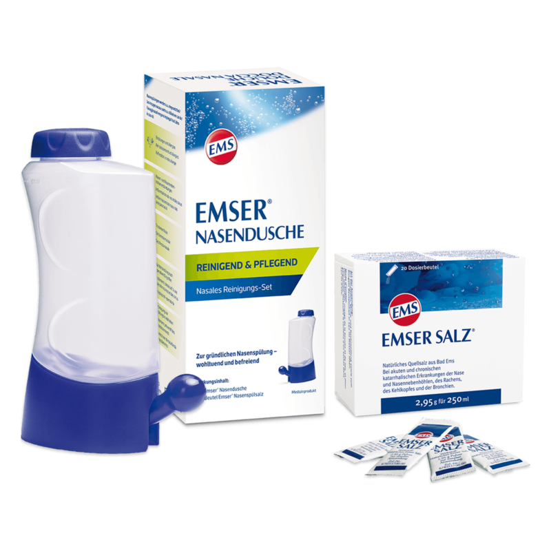 EMSER Nasendusche im Set mit Dosierbeuteln für Emser Salz zur Nasenreinigung und Pflege.
