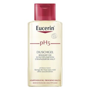 Flasche mit Eucerin pH5 Duschgel, klarer Inhalt und runder, roter Verschluss, für empfindliche Haut.