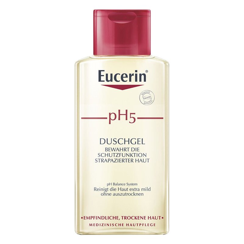 Flasche mit Eucerin pH5 Duschgel, klarer Inhalt und runder, roter Verschluss, für empfindliche Haut.