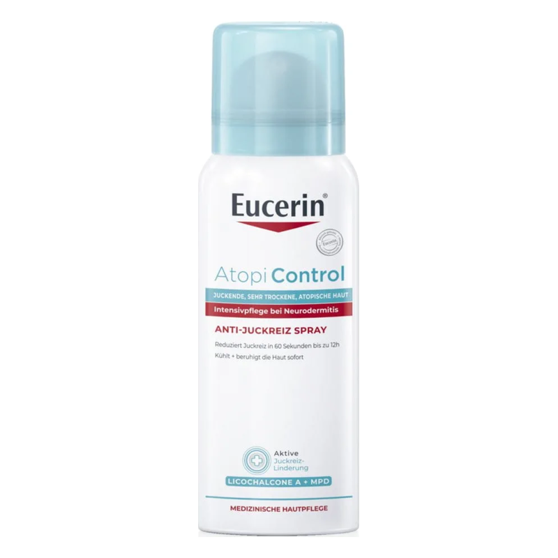 Eucerin AtopiControl Anti-Juckreiz-Spray in einer weißen Sprühflasche mit blauer Kappe, zur Pflege bei Neurodermitis.