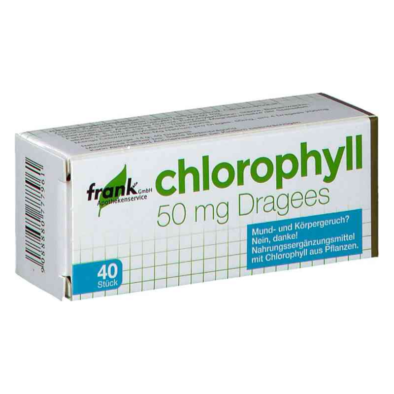 Verpackung von Chlorophyll Dragees, 50 mg, mit Gesundheitsinformationen und Hinweis zu Chlorophyll aus Pflanzen.