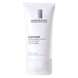 Tube mit Gesichtspflege von La Roche-Posay, beschriftet mit "Substiane, Wiederaufbau-Pflege für Festigkeit und Volumen".
