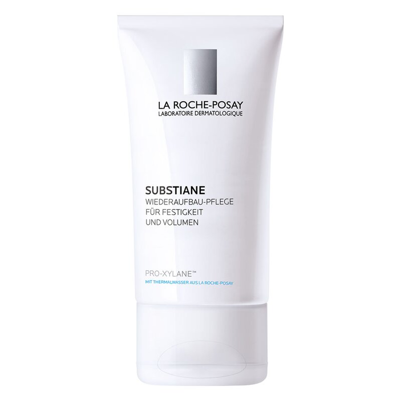 Tube mit Gesichtspflege von La Roche-Posay, beschriftet mit "Substiane, Wiederaufbau-Pflege für Festigkeit und Volumen".