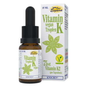Braune Tropfenflasche mit schwarzem Pipettenverschluss und Verpackung für vegane Vitamin K Tropfen, 15 ml.