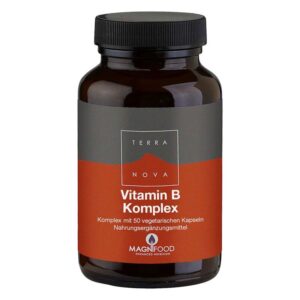 Dunkelbraune Flasche mit schwarzem Deckel, etikettiert mit 'Vitamin B Komplex' in orange und Informationen über das Produkt.