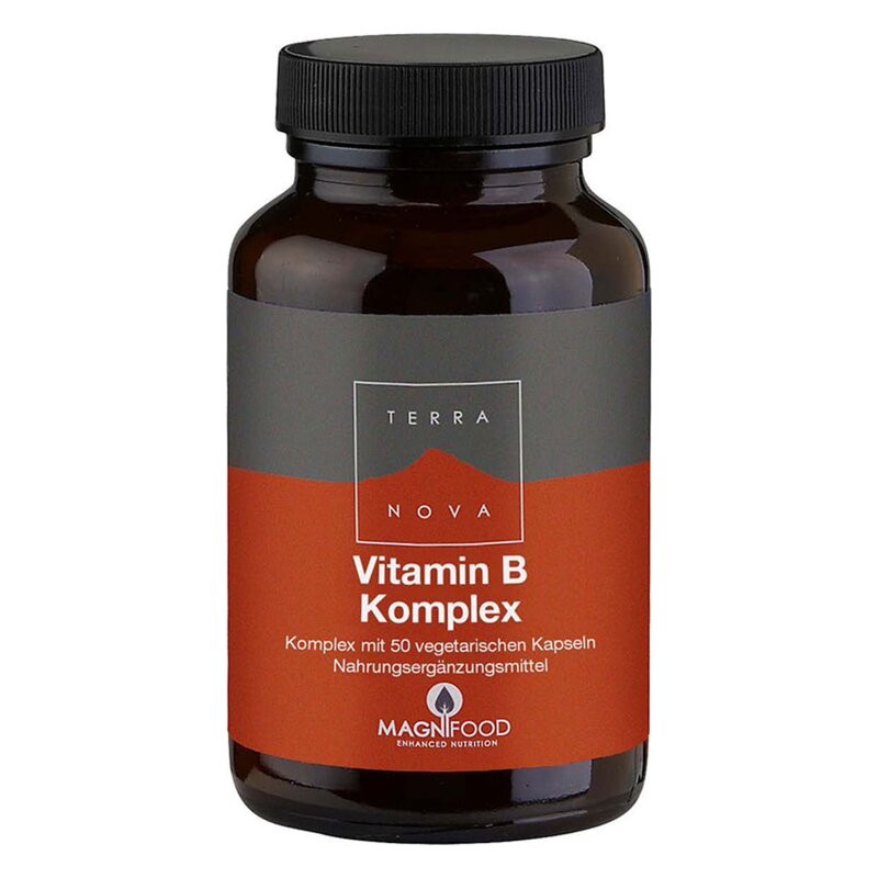 Dunkelbraune Flasche mit schwarzem Deckel, etikettiert mit 'Vitamin B Komplex' in orange und Informationen über das Produkt.