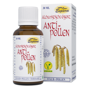 Braune Flasche mit Alchemistische Essenz Anti-Pollen, umgeben von einer weißen Verpackung mit Pflanzenmotiven.