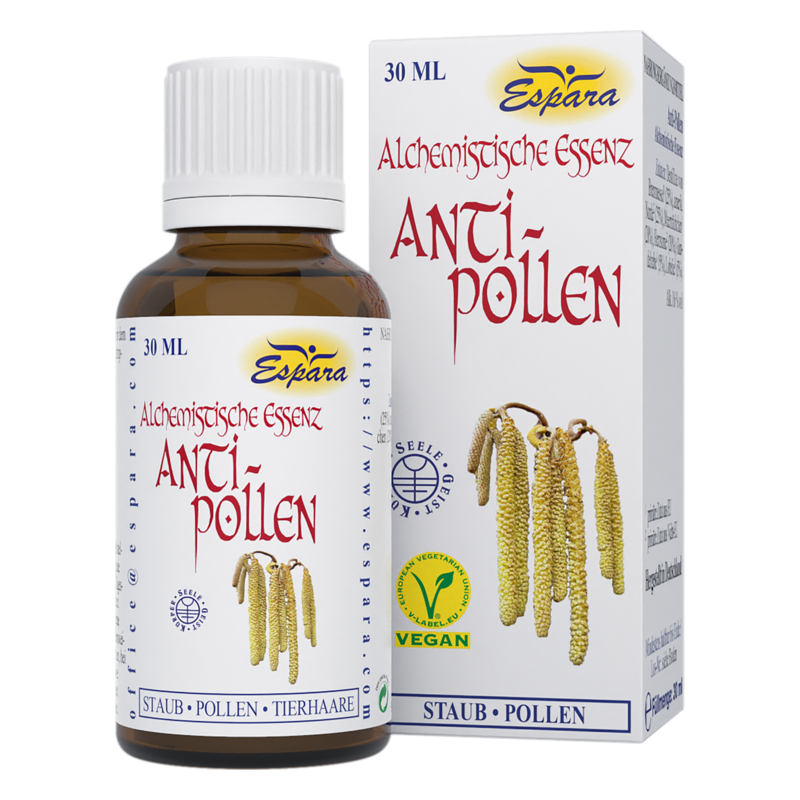Braune Flasche mit Alchemistische Essenz Anti-Pollen, umgeben von einer weißen Verpackung mit Pflanzenmotiven.