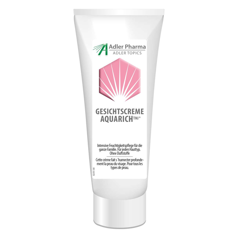Tube mit Gesichtscreme Aquarich™, intensiv feuchtigkeitsspendend, ohne Duftstoffe, für alle Hauttypen.