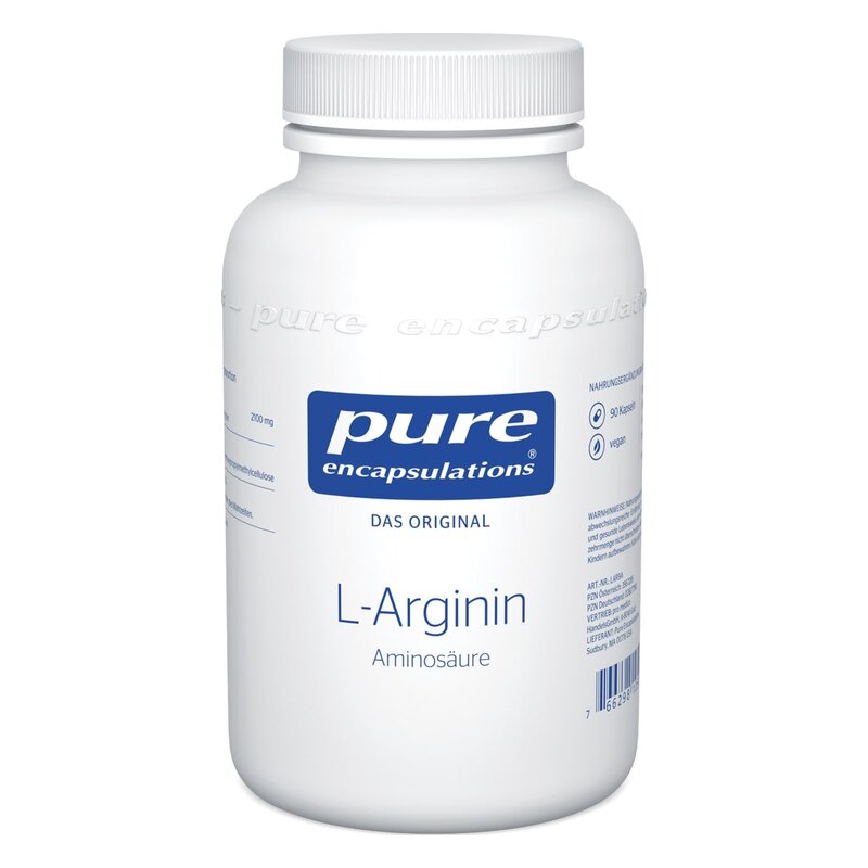 Weißer Kunststoffbehälter mit Schraubverschluss, beschriftet mit L-Arginin, 270 mg, von Pure Encapsulations.