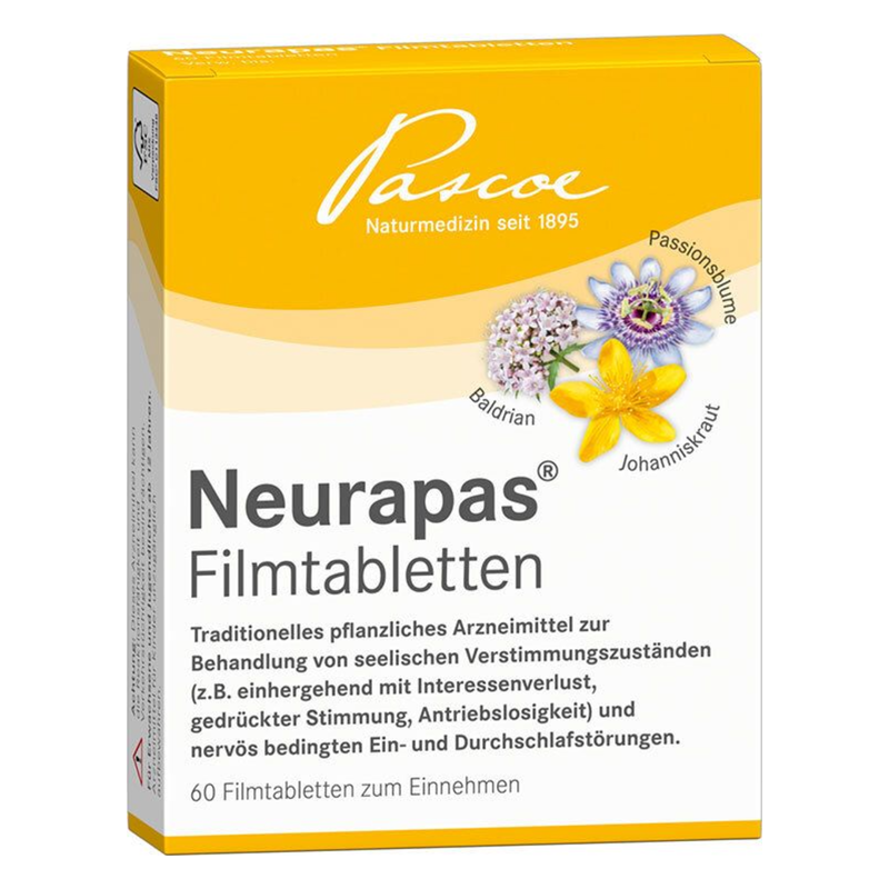 Verpackung von Neurapas Filmtabletten mit Kräuterabbildungen, bietet pflanzliche Unterstützung bei Stimmungsschwankungen.