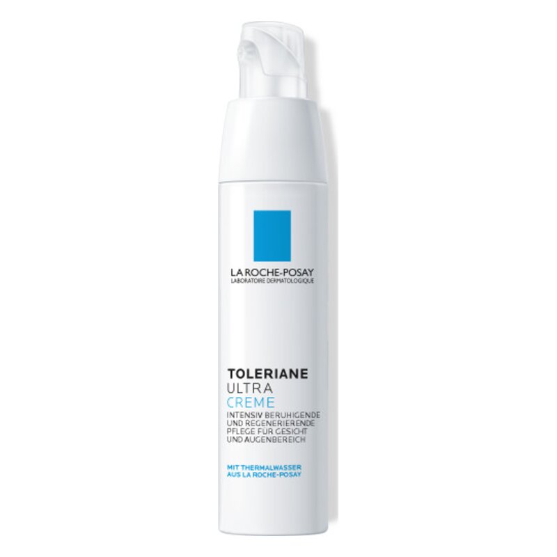 Weiße Flasche mit Pumpverschluss der La Roche-Posay Toleriane Ultra Creme, einer beruhigenden Gesichts- und Augenpflege.