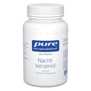 Weißer Behälter mit Schraubverschluss, beschriftet mit "Nachtkerzenöl", reich an Gamma-Linolensäure.