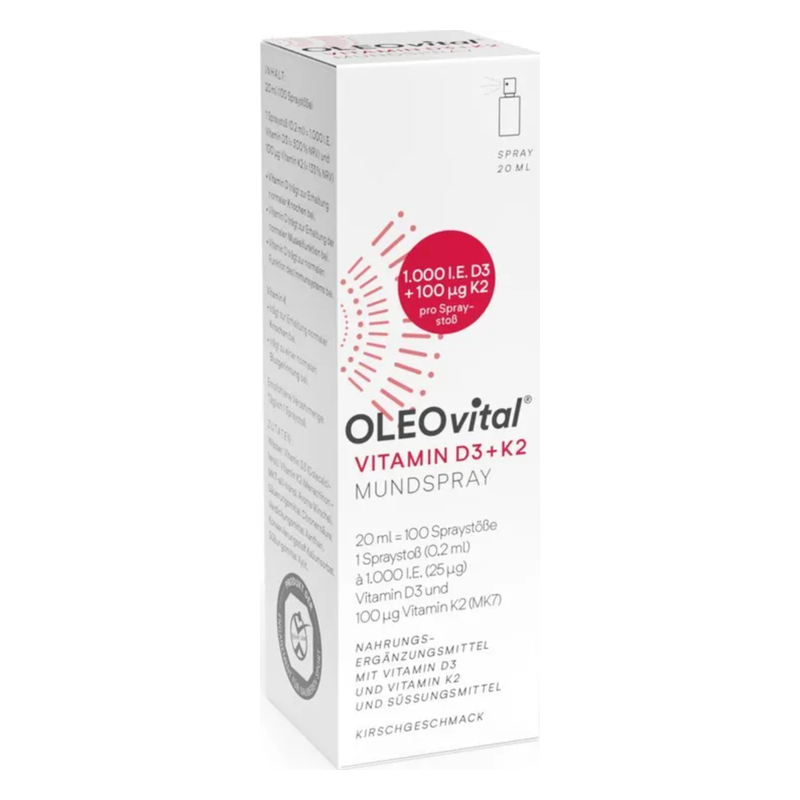 Verpackung eines Mundsprays mit 20 ml Inhalt, enthält Vitamin D3 und K2, Kirschgeschmack, Aufschrift auf weißem Hintergrund.