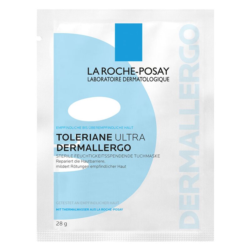 Tuchmaske von La Roche-Posay in Einzelverpackung; für empfindliche Haut, repariert Hautbarriere und mildert Rötungen.