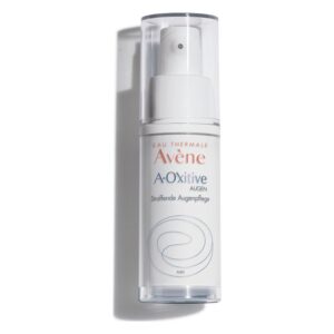 Flasche von Avène A-Oxitive Augencreme, klare Verpackung mit Pumpmechanismus, Informationen zur Anwendung stehen auf dem Etikett.