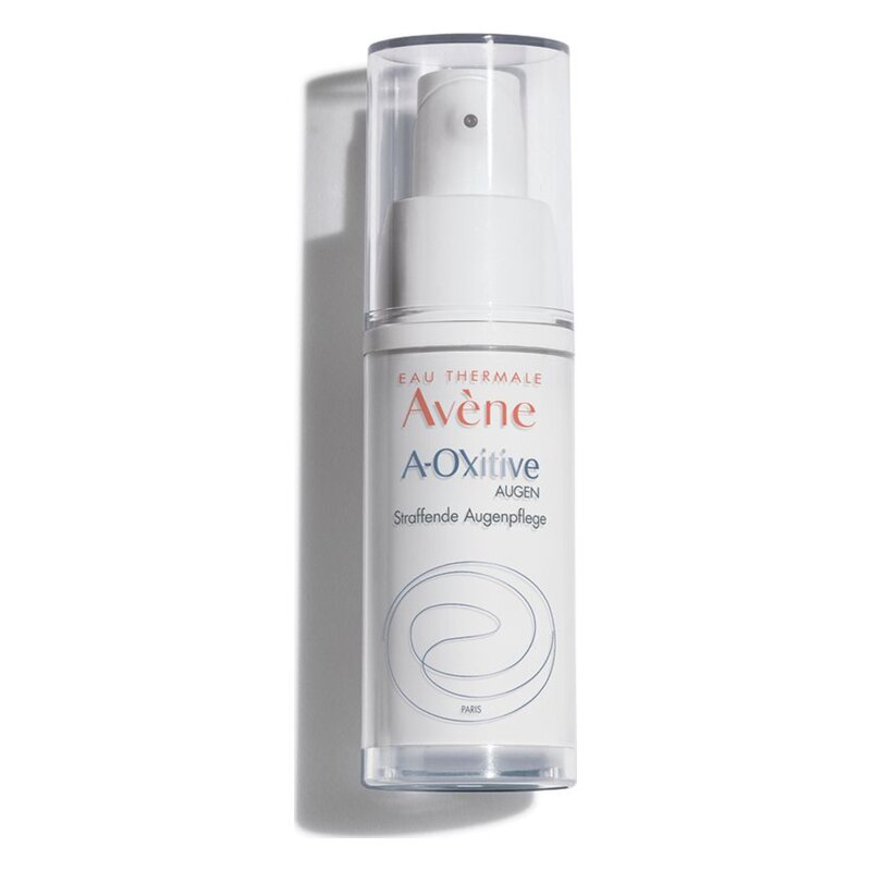 Flasche von Avène A-Oxitive Augencreme, klare Verpackung mit Pumpmechanismus, Informationen zur Anwendung stehen auf dem Etikett.
