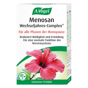 Verpackung von A.Vogel Menosan Wechseljahres-Complex mit Hibiskusblüte, für alle Phasen der Menopause.