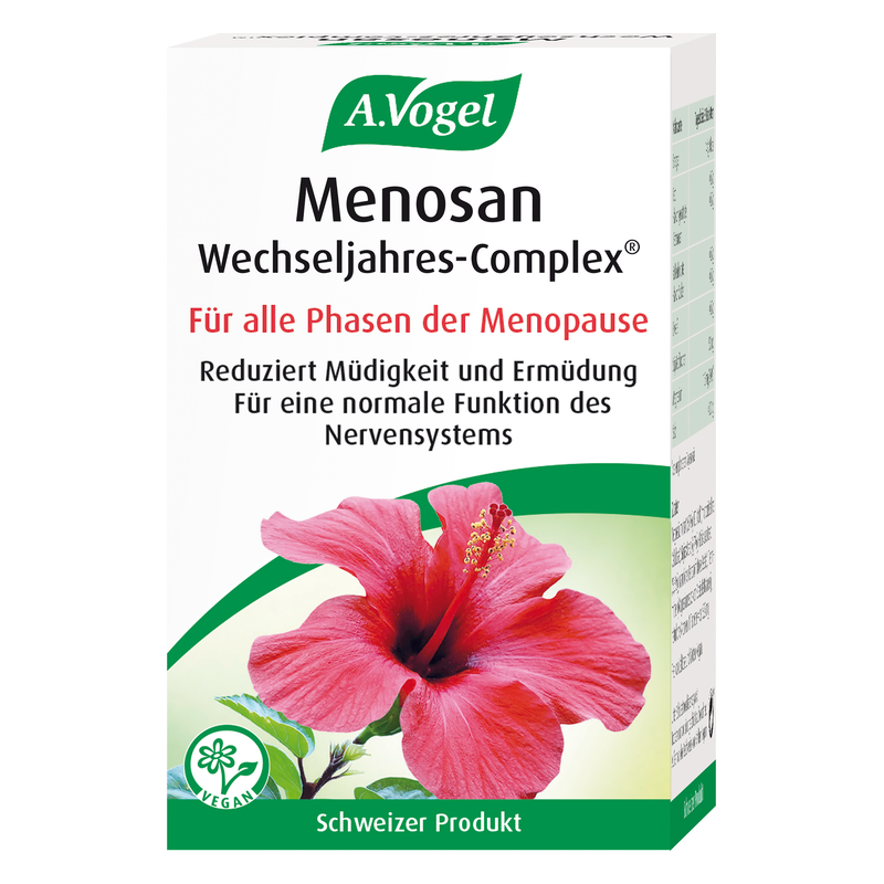 Verpackung von A.Vogel Menosan Wechseljahres-Complex mit Hibiskusblüte, für alle Phasen der Menopause.