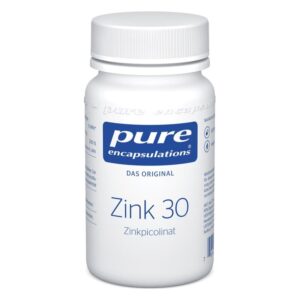 Weiße Kunststoffflasche mit blauem Etikett, enthält Zinkpicolinat von Pure Encapsulations, Originalprodukt.