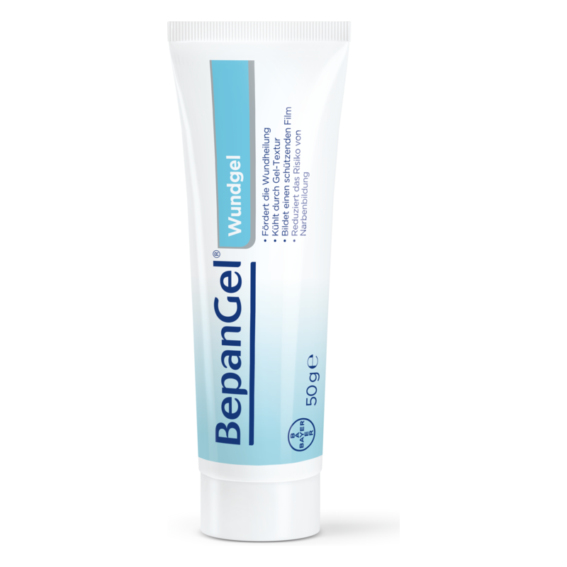 Tube mit BepanGel Wundgel zur Förderung der Wundheilung, 50g, mit blauer und weißer Verpackung.
