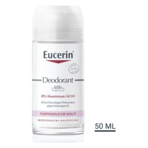Eucerin Deodorant für empfindliche Haut, 48 Stunden Wirksamkeit, 0% Aluminium, in transparenter Roll-on-Flasche, 50 ml.