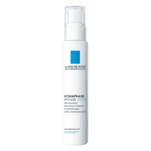 Flasche mit feuchtigkeitsspendendem Serum von La Roche-Posay, mit weißem Design und blauer Markenkennung.