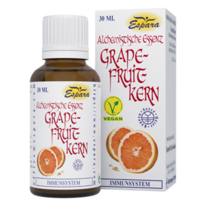 Braune Flasche mit alchemistischer Essenz aus Grapefruitkernen, umgeben von einer weißen Verpackung.