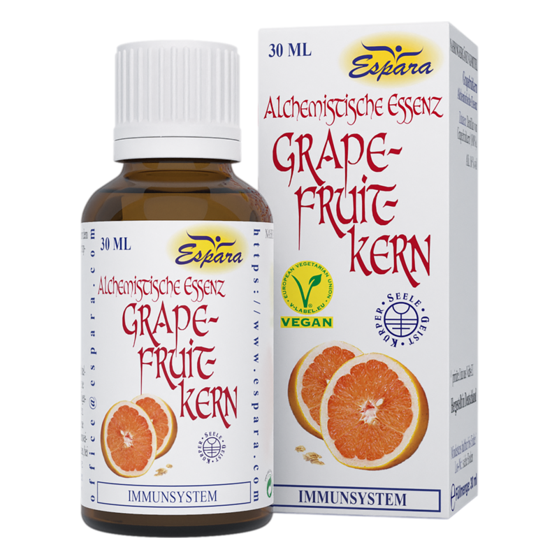 Braune Flasche mit alchemistischer Essenz aus Grapefruitkernen, umgeben von einer weißen Verpackung.