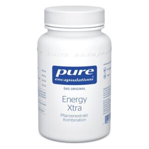 Weißes Fläschchen mit blauem Etikett, das 'Energy Xtra' mit Pflanzenextrakt-Kombination beschreibt.
