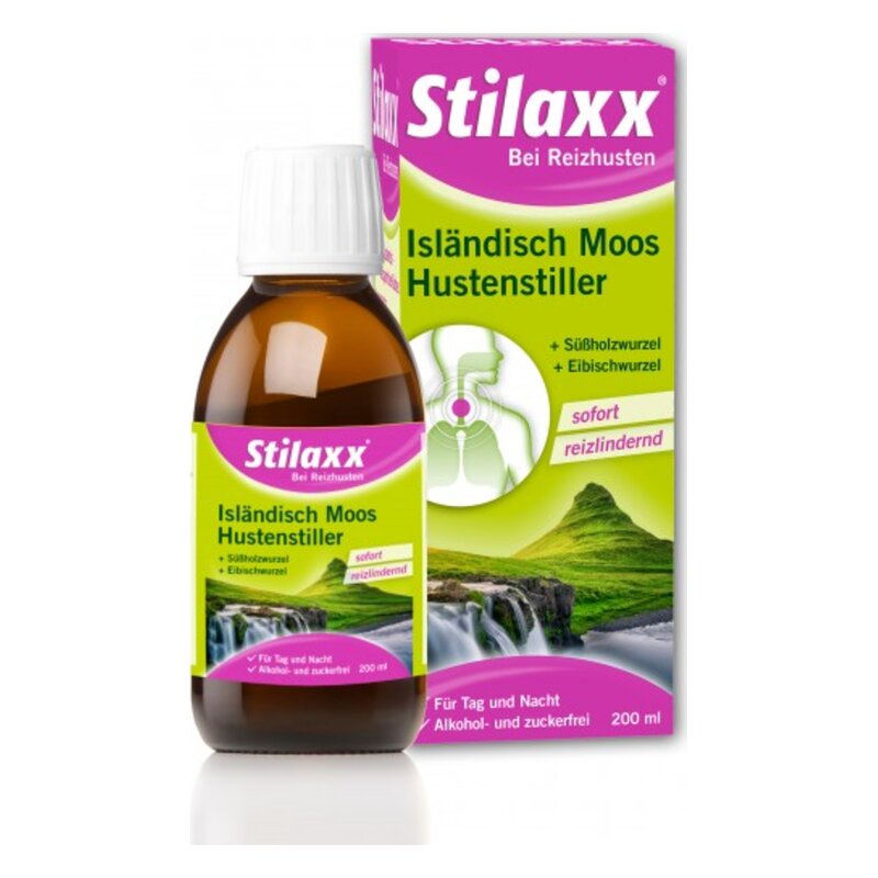 Braune Flasche mit einem Hustenstillmittel und Verpackung, die die Hauptbestandteile und Anwendung anzeigt.