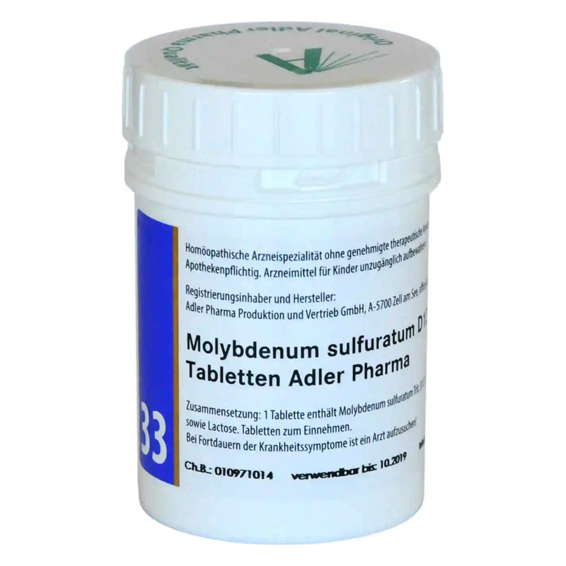 Weißer Behälter mit Schraubdeckel, beschriftet mit Molybdänsulfat-Tabletten von Adler Pharma.