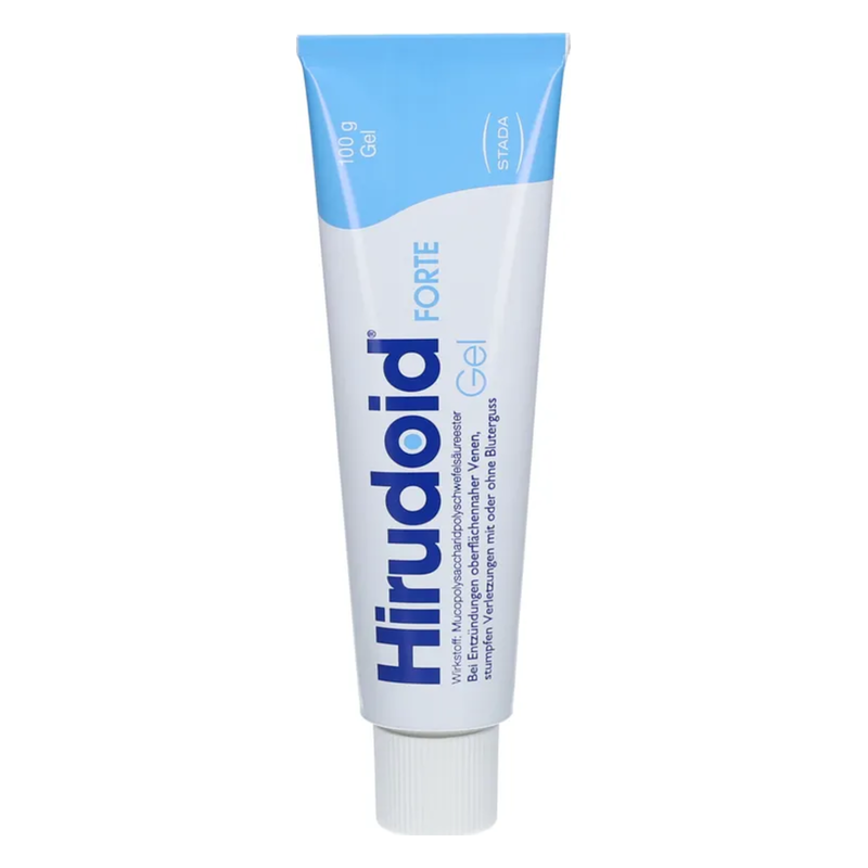 Röhrchen mit Hirudoid Forte Gel, das in einer blauen und weißen Verpackung präsentiert wird, mit Angaben zu Inhalt und Anwendung.