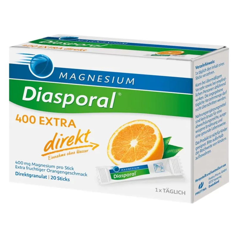 Verpackung von Diasporal 400 Extra Magnesium in einer kastenförmigen Box mit orangener Fruchtgrafik.